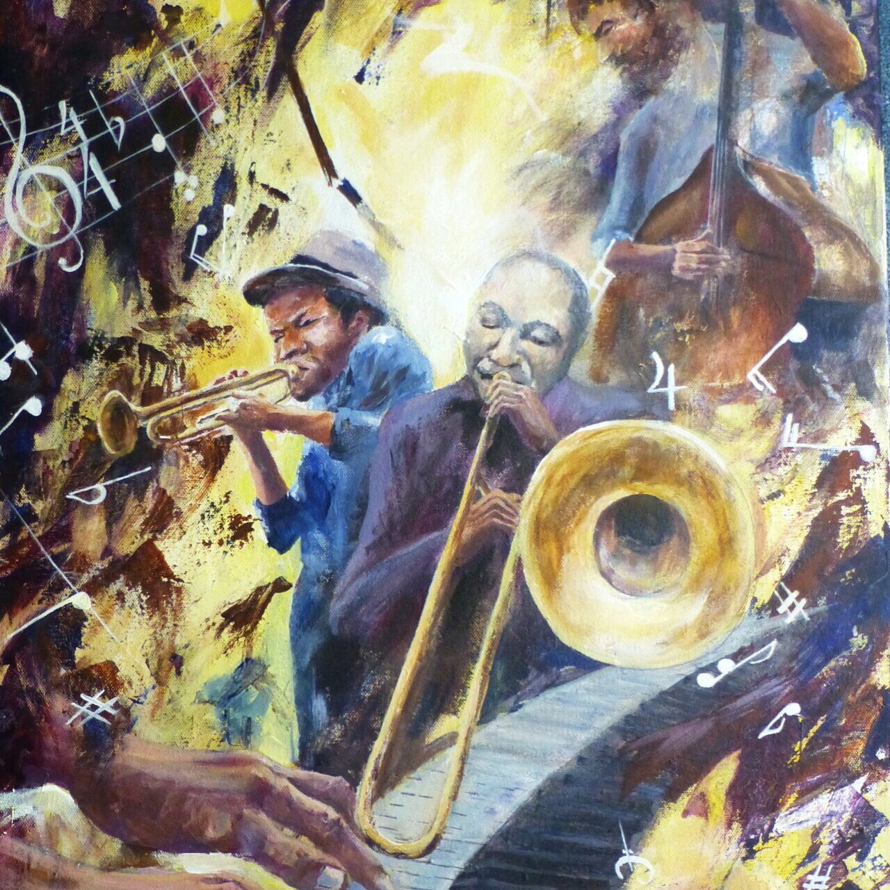 A stylised acrylic painting of a jazz band playing energetically as if in a storm with winds blowing down power cables and notes and musical annotation thrown everywhere