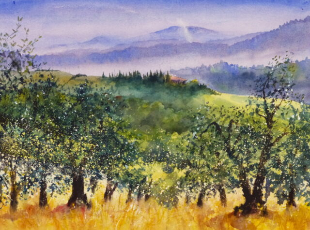 A watercolour painting looking through a Tuscan Olive Grove, past a tree shrouded farmstead and across the valleys of the rolling, misty hillsides.