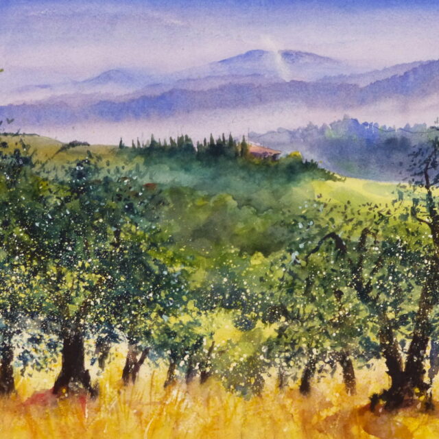 A watercolour painting looking through a Tuscan Olive Grove, past a tree shrouded farmstead and across the valleys of the rolling, misty hillsides.