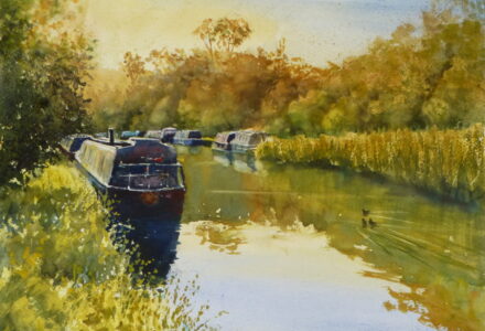 A watercolour painting of the Leeds/Liverpool Canal at Parbold with a narrowboat moored amongst the sunlit grasses of the bank.