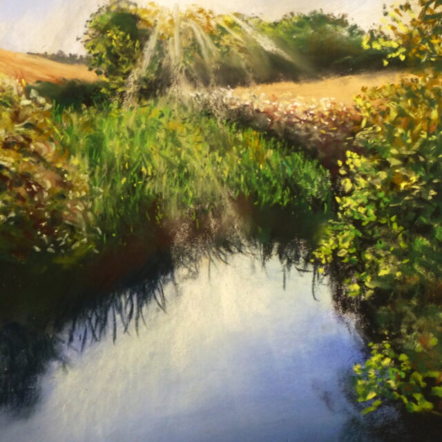 A pastel painting of the River Rib in Hertfordshire as it wends its way through reedbeds and forms deep pools where reflections and shadows are cast