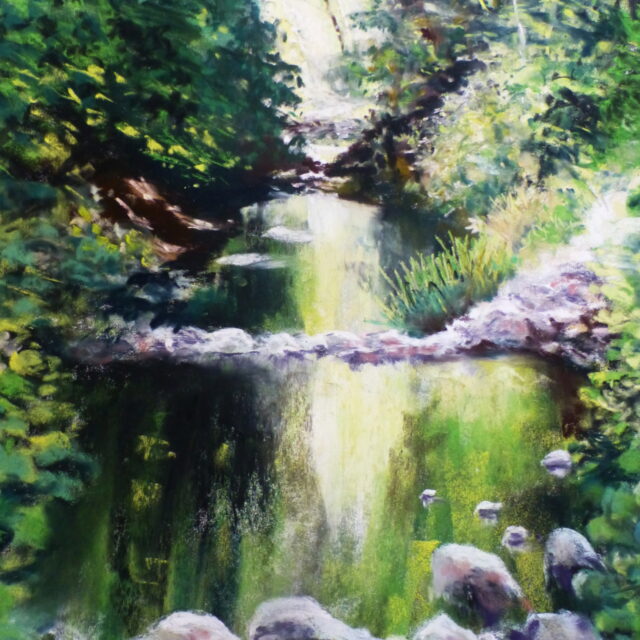 A pastel painting of a stream under a canopy of trees as the sun breaks through to give light amongst the shade which reflects in the water.