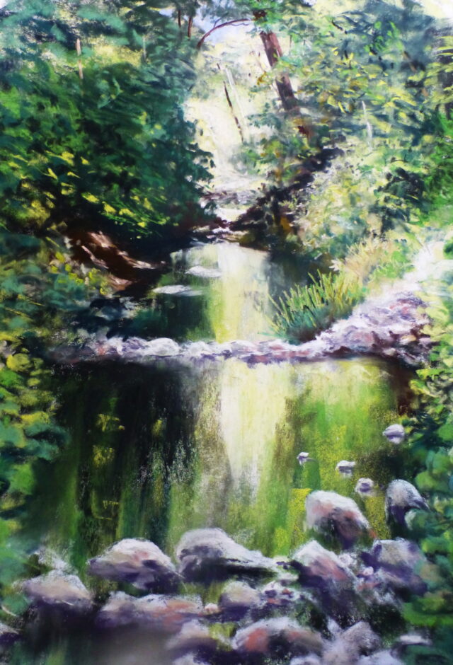 A pastel painting of a stream under a canopy of trees as the sun breaks through to give light amongst the shade which reflects in the water.