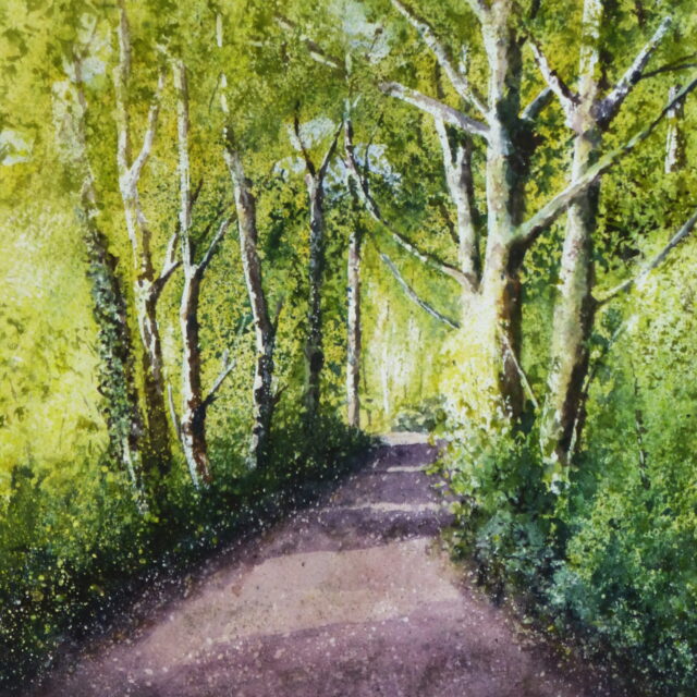 A watercolour painting of the sunlit trees casting shadows across the coastal path at Formby in the morning with strong contrasts of light and shade.