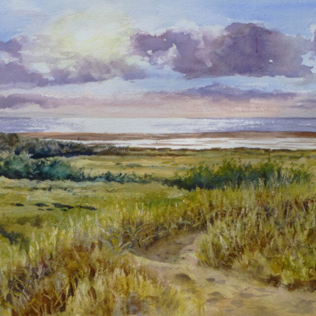 A Watercolour painting looking over Birkdale Dunes to the sea with the afternoon light reflecting off the sea and wet sand.