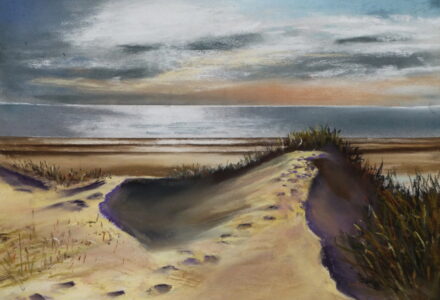 Evening Light at Freshfield Beach - Pastel Painting A pastel painting of the dunes and beach at Freshfield looking out over the sunlit sea. Deep shadows fill between the dunes and remaining footprints.