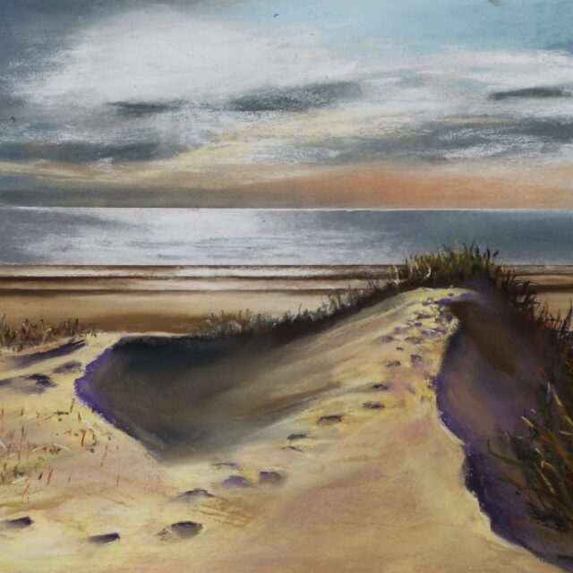 A pastel painting of the dunes and beach at Freshfield looking out over the sunlit sea. Deep shadows fill between the dunes and remaining footprints.