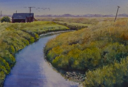 The Cheshire Lines Cross the Alt - Watercolour Painting A watercolour painting of the River Alt with the morning light reflecting off the water surface and birds gathering on the wires by the buildings.