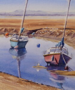 Waiting at the Alt - Watercolour Painting A watercolour painting of moored boats at low-tide on the alt The sands in the background lead to the Mersey and the Wirral beyond.