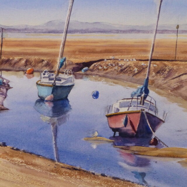 A watercolour painting of moored boats at low-tide on the alt The sands in the background lead to the Mersey and the Wirral beyond.