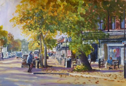 Autumn in Birkdale - Acrylic Painting An Acrylic painting of a sunny autumn morning in Birkdale village with the bustle of pedestrians and cars and the golden trees glowing in the light.