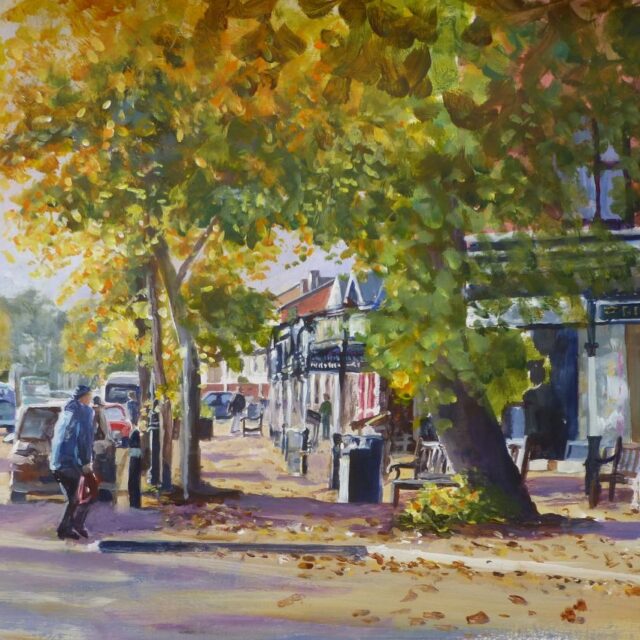 An Acrylic painting of a sunny autumn morning in Birkdale village with the bustle of pedestrians and cars and the golden trees glowing in the light.