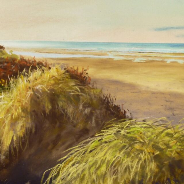 A pastel painting of the beach at Freshfield, Formby with the sun rising behind the beach and spreading golden light on the marram grass and the sand beyond