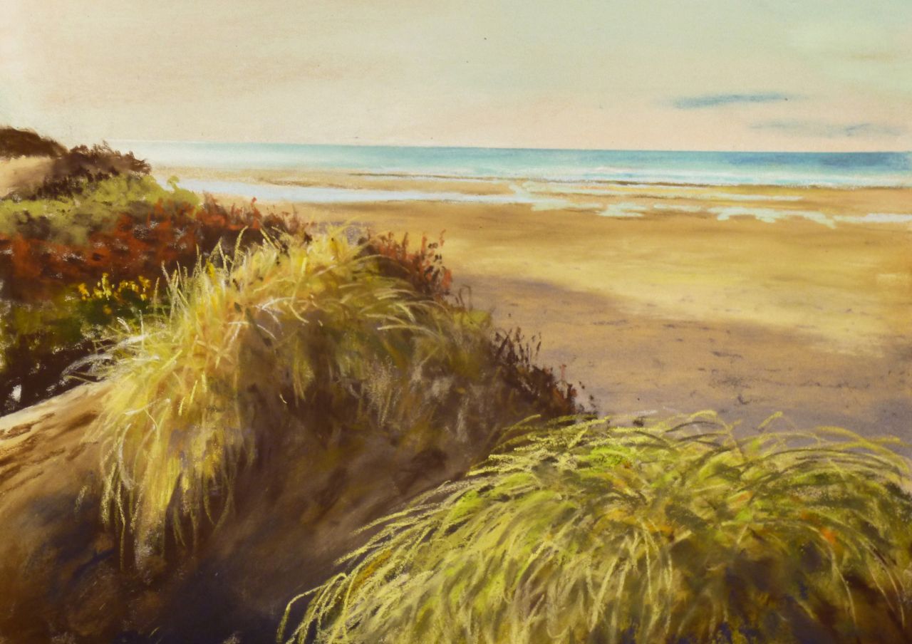 Morning Calm on Freshfield Beach - Pastel Painting A pastel painting of the beach at Freshfield, Formby with the sun rising behind the beach and spreading golden light on the marram grass and the sand beyond