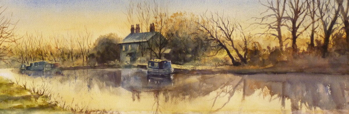A watercolour painting in long format of the Leeds to Liverpool Canal near Lathom on a clear winter's morning with moored narrowboats near an old cottage.