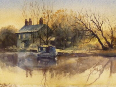 Winter Moorings, Lathom - Watercolour Painting A watercolour painting in long format of the Leeds to Liverpool Canal near Lathom on a clear winter's morning with moored narrowboats near an old cottage.