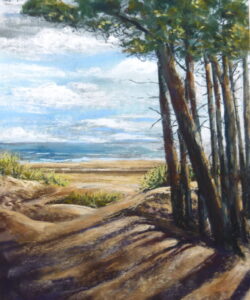 Coastal Pines at Freshfield Beach - Pastel Painting A pastel painting of pines on the Freshfield dunes near Formby with a view over marram grasses to the beach and sea beyond, The trunks cast shadows across the dunes.