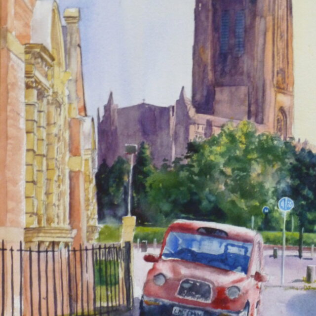 A watercolour painting of the back view of the Liverpool Anglican Cathedral, featuring the tall sunlit tower all behind a parked taxi and trees.