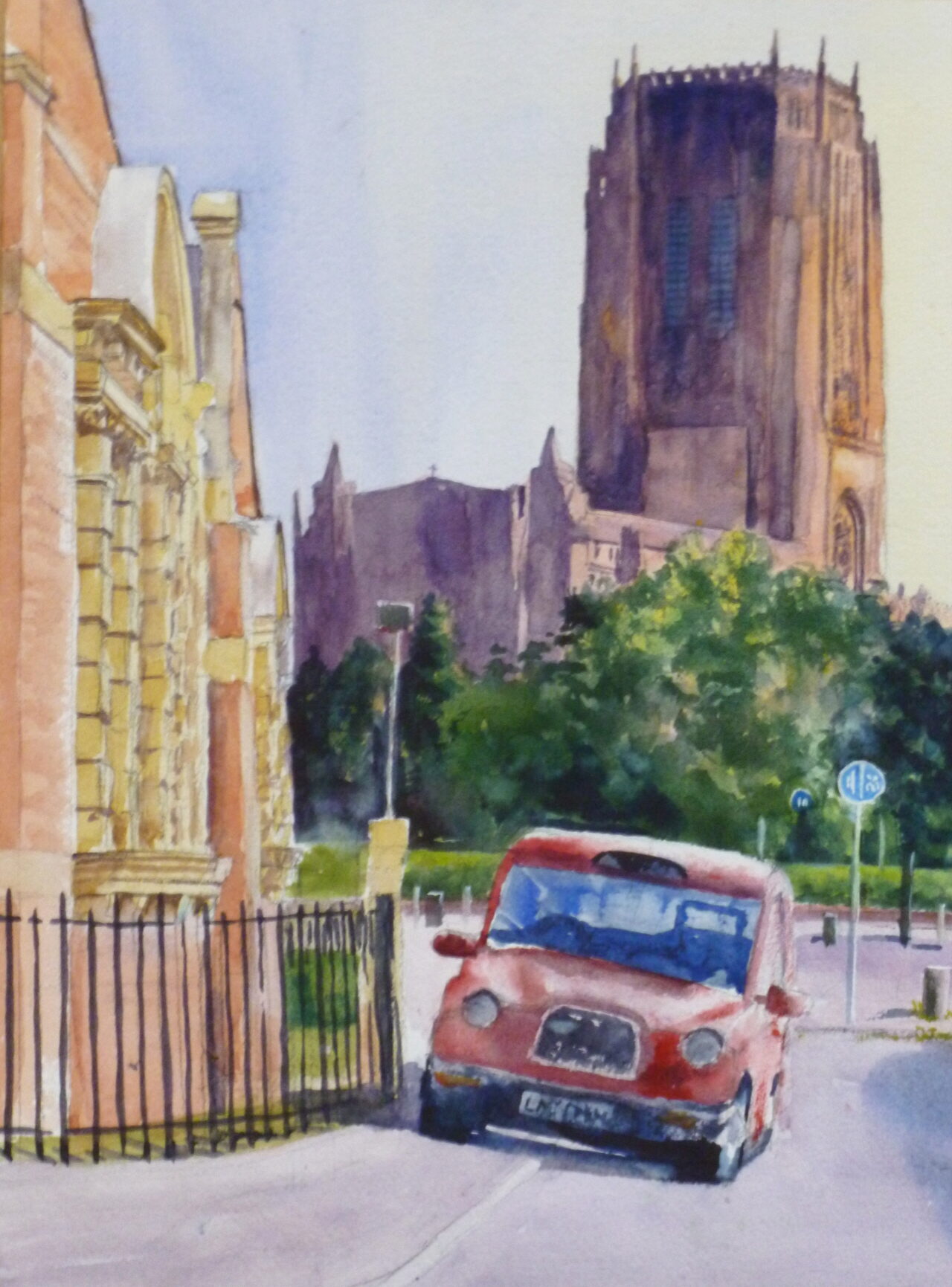 A watercolour painting of the back view of the Liverpool Anglican Cathedral, featuring the tall sunlit tower all behind a parked taxi and trees.