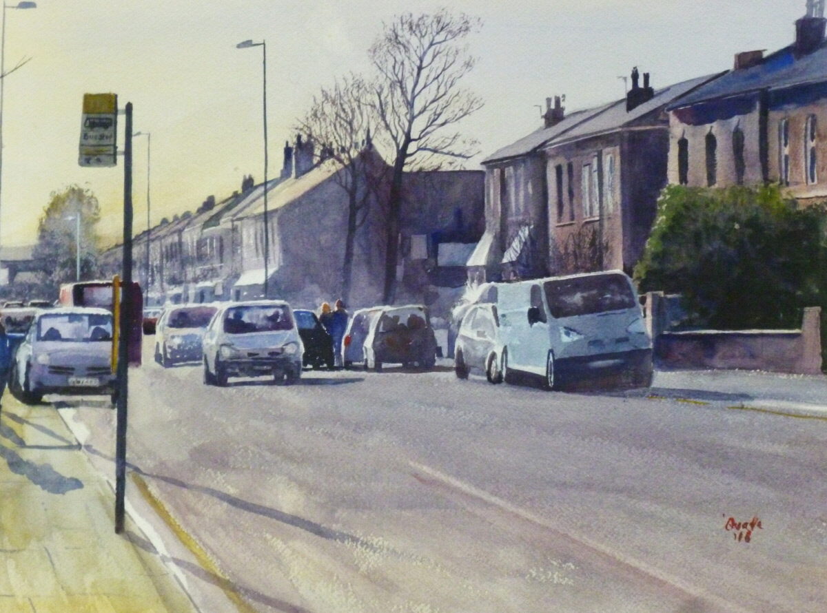 A watercolour painting of two Southport streets looking down St James' Street into the sun with traffic and pedestrians in the bright sunlight.