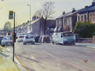 St James' and Shakespeare Streets, Southport - Watercolour Painting A watercolour painting of two Southport streets looking down St James' Street into the sun with traffic and pedestrians in the bright sunlight.