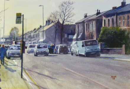St James' and Shakespeare Streets, Southport - Watercolour Painting A watercolour painting of two Southport streets looking down St James' Street into the sun with traffic and pedestrians in the bright sunlight.