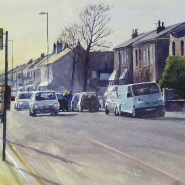 A watercolour painting of two Southport streets looking down St James' Street into the sun with traffic and pedestrians in the bright sunlight.