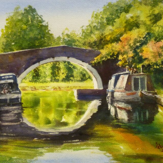 A watercolour painting of an autumnal scene on the Leeds Liverpool Canal at Lydiate with narrowboats moored near the bridge and reflections in the water.