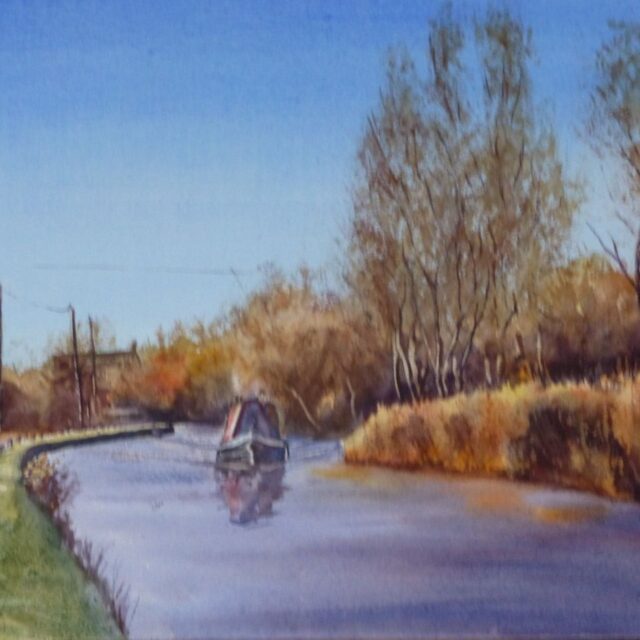 A watercolour painting of a narrowboat navigating the Leeds Liverpool canal at Down Holland Cross on a clear winter's day with sunlight on the birches and rushes.