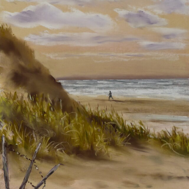 A pastel painting of a figure running along the beach near sand dunes and marram grass. In the foreground is a broken down fence and beyond, a choppy sea.