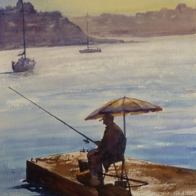 A watercolour painting of a lone fisherman sat under an umbrella on a sunlit dock with yachts moored in the distance and a town rising on the opposite shore.