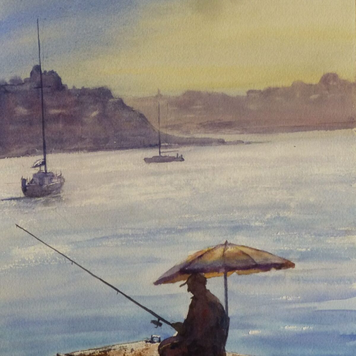 A watercolour painting of a lone fisherman sat under an umbrella on a sunlit dock with yachts moored in the distance and a town rising on the opposite shore.