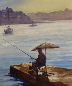Some Quiet Fishing - Watercolour Painting A watercolour painting of a lone fisherman sat under an umbrella on a sunlit dock with yachts moored in the distance and a town rising on the opposite shore.
