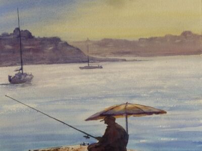 Some Quiet Fishing - Watercolour Painting A watercolour painting of a lone fisherman sat under an umbrella on a sunlit dock with yachts moored in the distance and a town rising on the opposite shore.