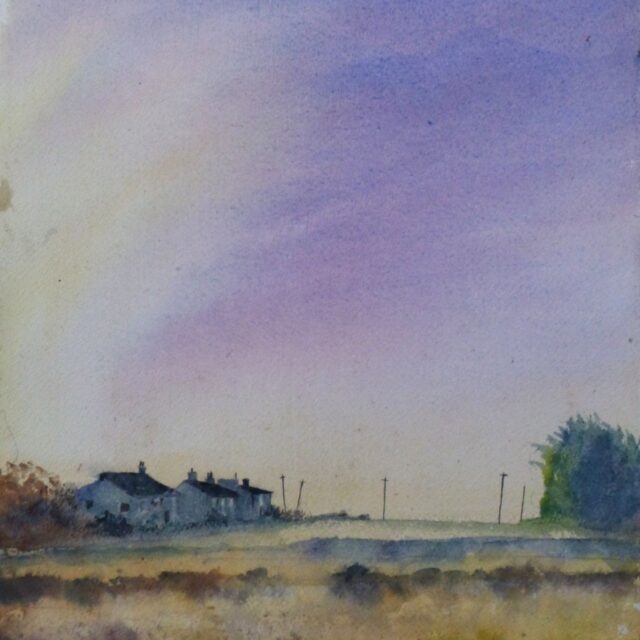 A watercolour painting of a row of cottages seen from over misty fields all set under a large morning sky of blues, mauves and yellows with power poles on the horizon.