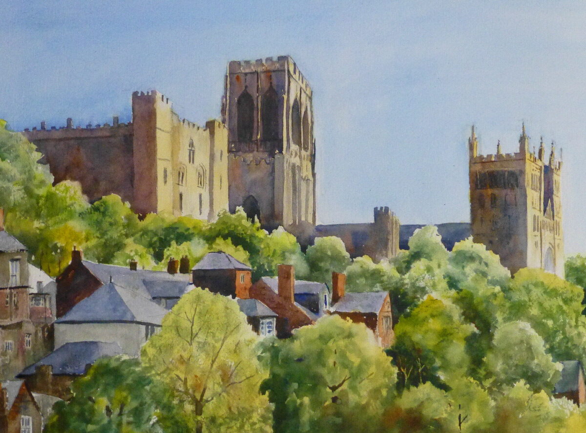 A watercolour painting of Durham Cathedral seen from the River Wear looking up through the rooftops and trees to the castle and cathedral towers.