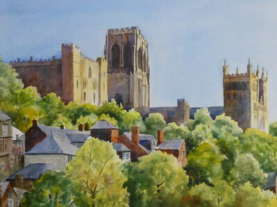 Durham Cathedral Rises above the Town - Watercolour Painting A watercolour painting of Durham Cathedral seen from the River Wear looking up through the rooftops and trees to the castle and cathedral towers.