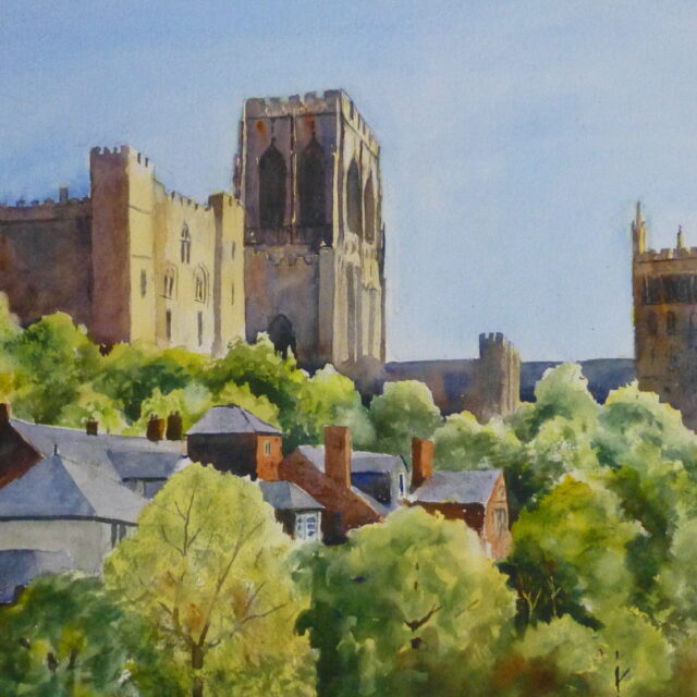 A watercolour painting of Durham Cathedral seen from the River Wear looking up through the rooftops and trees to the castle and cathedral towers.