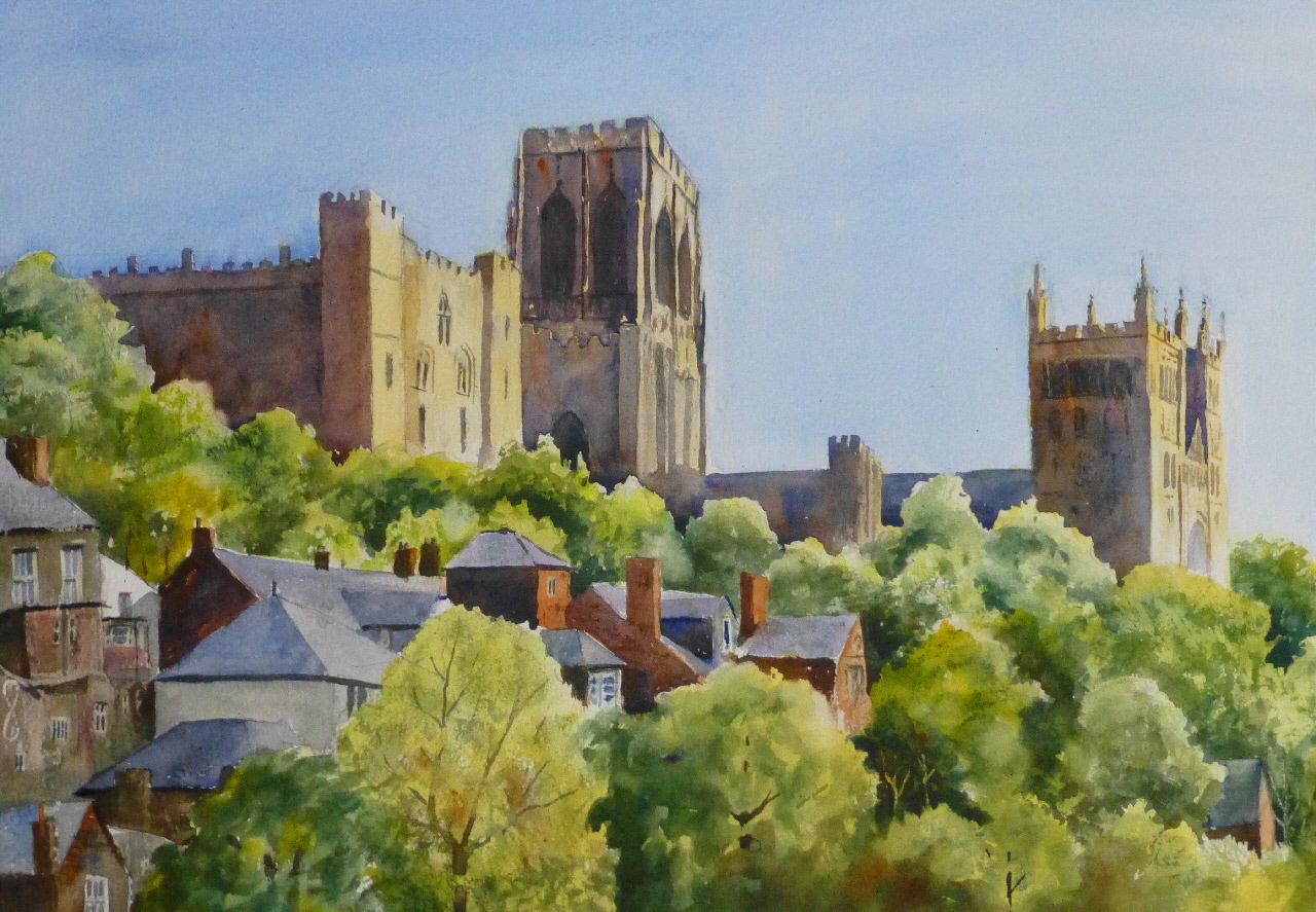 A watercolour painting of Durham Cathedral seen from the River Wear looking up through the rooftops and trees to the castle and cathedral towers.