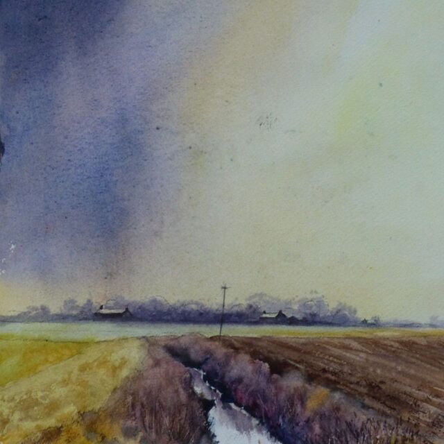 A watercolour landscape painting of farms and farmland on the Moss at Halsall with a reeded drainage ditch and telegraph pole crossing the fields.