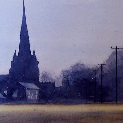 Sefton Church, Liverpool from Lunt. Watercolour painting