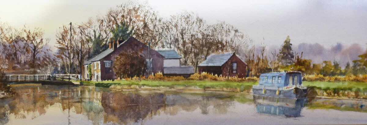 Swing Bridge Over the Canal - Watercolour Painting A watercolour painting of the Leeds to Liverpool Canal with swing bridge, dwellings and narrowboat.