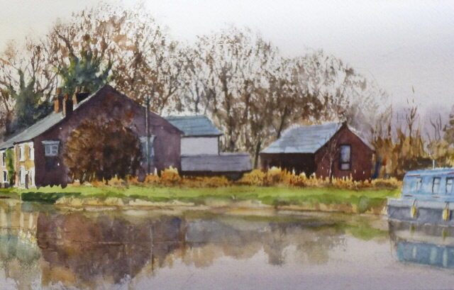 A watercolour painting of the Leeds to Liverpool Canal with swing bridge, dwellings and narrowboat.