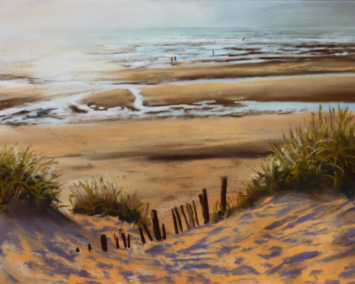Golden Hour at Formby Point - Pastel Painting A pastel painting of the beach at Formby from the dunes looking seaward past the pools and runnels of the sand.