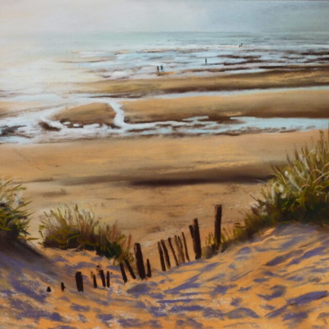 A pastel painting of the beach at Formby from the dunes looking seaward past the pools and runnels of the sand.