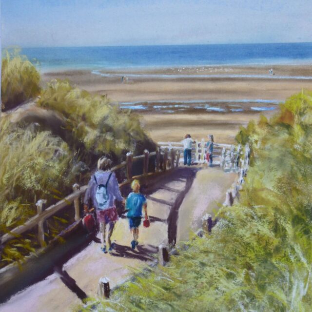 A pastel painting of the boardwalk on Formby Beach with people heading to the beach beyond.