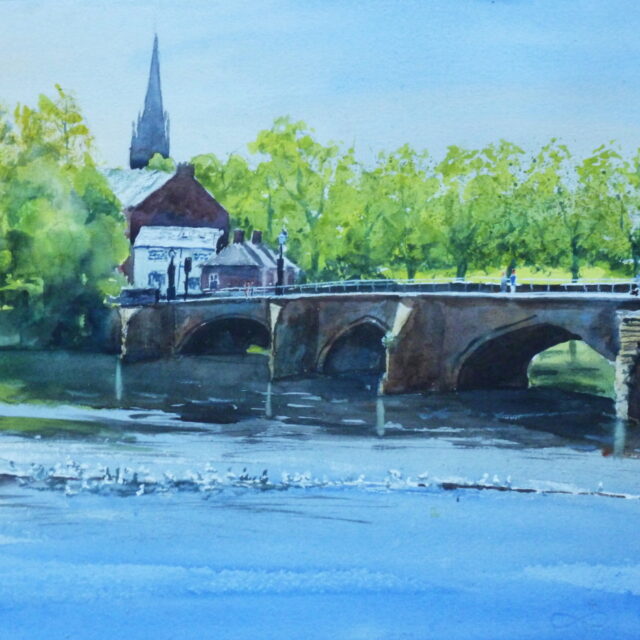 A watercolour painting of the old Bridge and Weir with waiting seabirds at Chester in bright springtime sunshine.