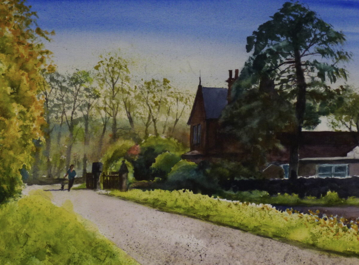 Cottage on Back Lane, Little Crosby - Watercolour Painting A watercolour painting of the gatehouse on Back Lane looking into the bright afternoon sun.