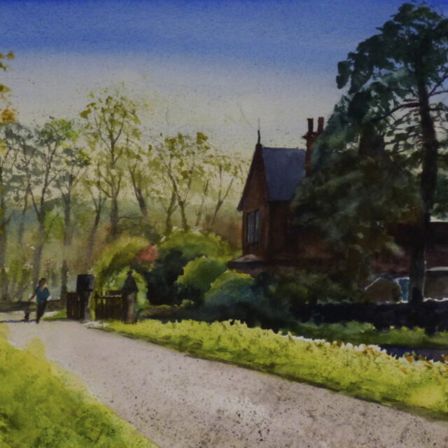 A watercolour painting of the gatehouse on Back Lane looking into the bright afternoon sun.