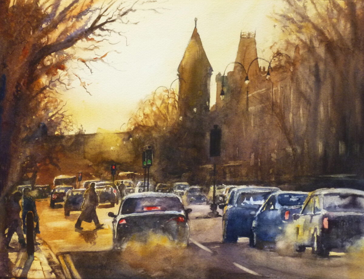 Winter's Afternoon, Lord Street - Watercolour Painting A watercolour painting of the south end of Lord Street, Southport in the glow of afternoon light.